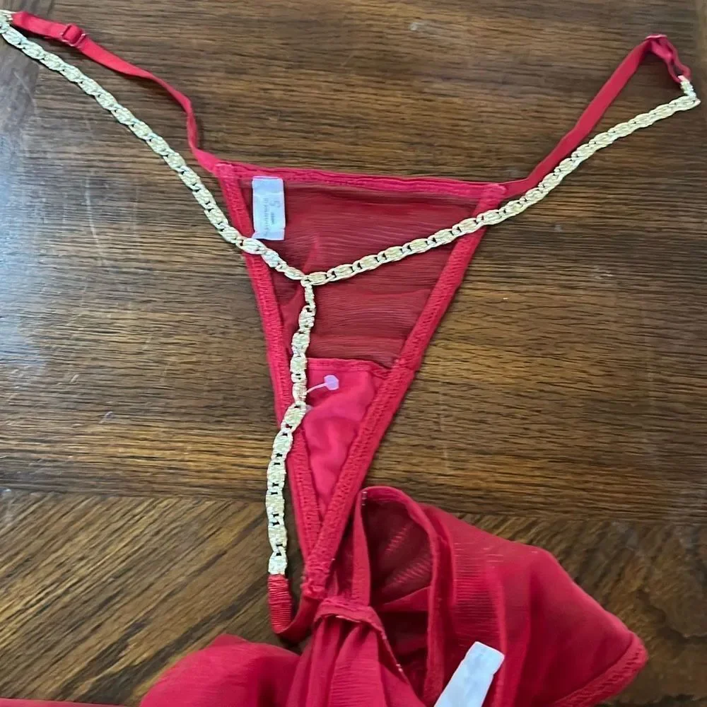 Red Garnet Mesh & Gold Chain Babydoll & G-String Small New